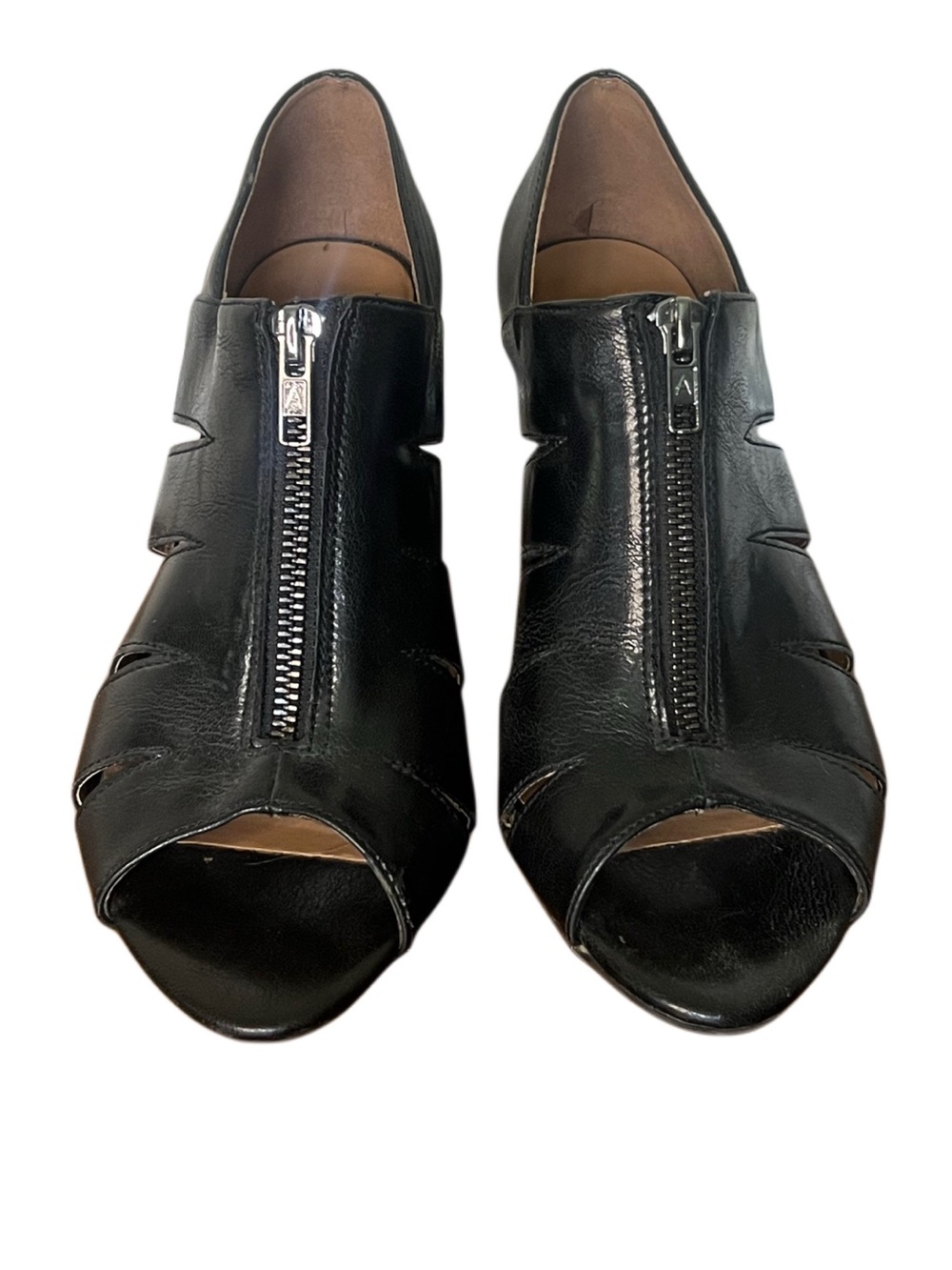 Black Leather Peep Toe Zip Front Shooties Heeled Ankle Booties Cutout Size 8.5 - Picture 3 of 12